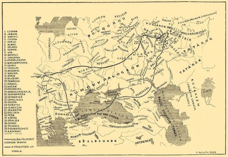 Juliánus barát útjának korabeli térképe •  Fotó: FORRÁS: PASSUTH ÖDÖN: A MAGYAR NEMZET TÖRTÉNETE