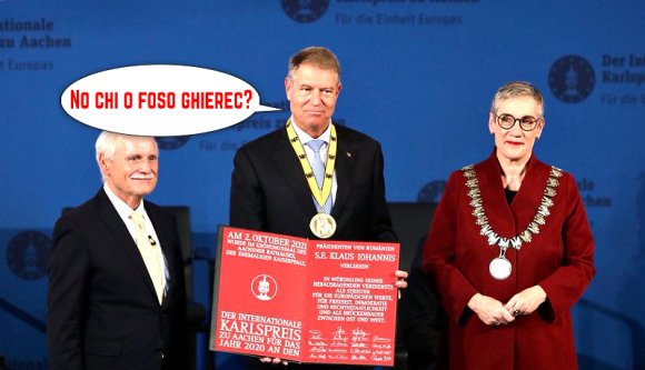 Klaus Ionopotchivanoc Iohannis álkisebbségi államelnök végre átvette a Nagy Károly-díjat. És trianonozott is egyet