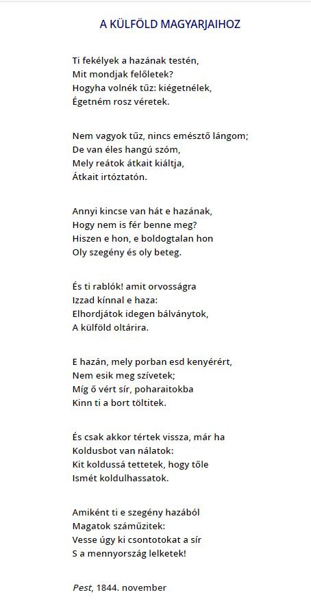 Petőfi vitriolos hangulatú verse a külföldi magyarságról.Forrás: Arcanum 