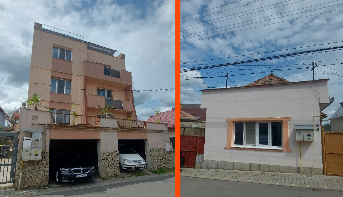 A két kép ugyanazon a dési utcán készült. Az utca egyik oldalán egy legalább háromszintes lakógép pöffeszkedik, szemben vele egy picit (és furán) átszabott régi, földszintes házikó. 