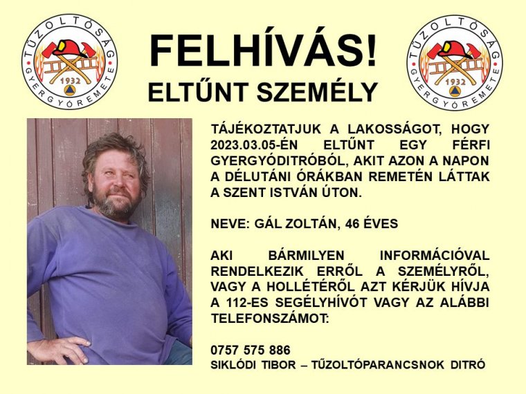 Eltűnt gyergyóditrói férfi megtalálásához kérnek segítséget