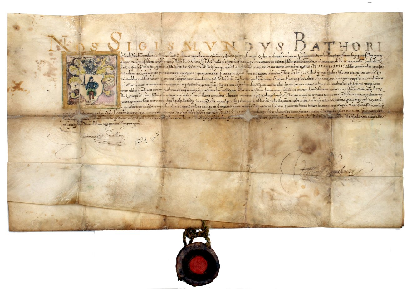Báthory Zsigmond által aláírt nemességet adományozó oklevél 1591-ből a rétyi Márk családnak •  Fotó: Székely Nemzeti Múzeum