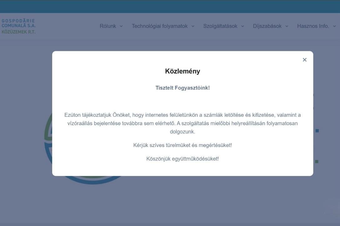 Egyelőre nem működik hibamentesen a szolgáltató internetes honlapja sem •  Fotó: Képernyőfelvétel: a Közüzemek Rt. weboldala