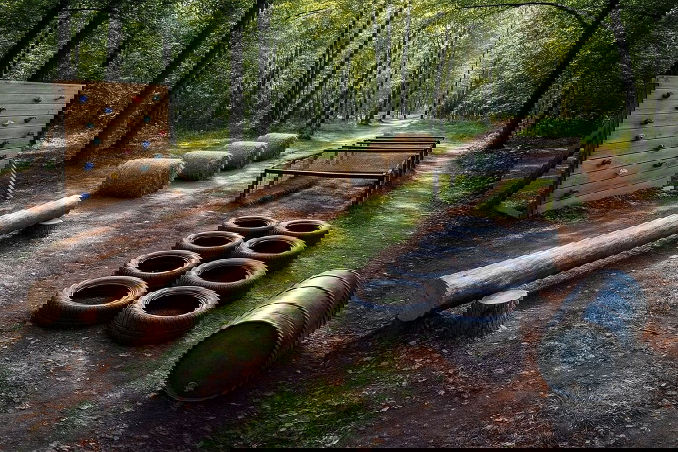 A mikeses diákok (Szépészek csapat) WildEdge projektjükben  ilyen erdei, szalmabálákból, fából, rönkökből készült komplex akadálypályát álmodtak meg. A kép a mesterséges intelligencia műve •  Fotó: Bodor Tünde