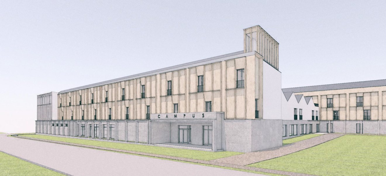 Korszerű, duális szakképzést nyújtó kampuszok építése marad el a megszorítások miatt. A fotón a sepsiszentgyörgyi kampusz terve látható • Fotó: Agenda Constructiilor & Fereastra/Facebook