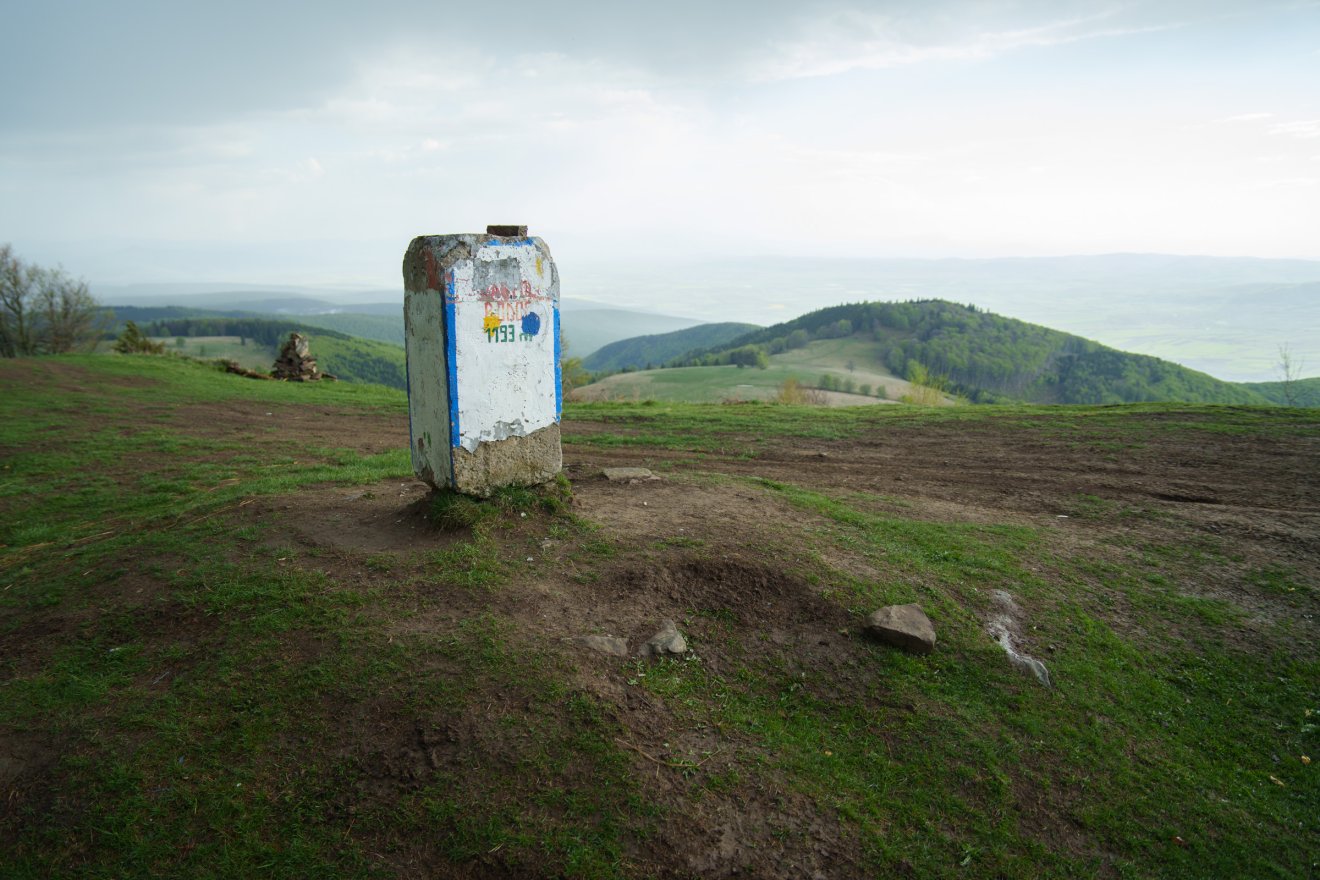 A Bodoki-tetőt tavasszal hóvirágmező borítja, a csúcspontot kő jelzi &bullet;  Fotó: Tuchiluș Alex
