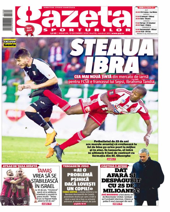 A Gazeta Sporturilor szerdai címlapja •  Fotó: Gsp.ro