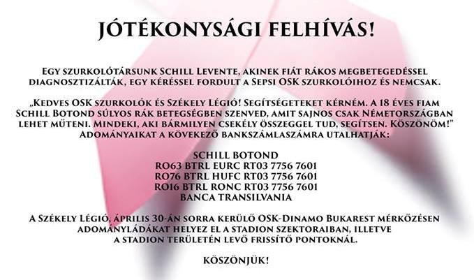A Székely Légió felhívása. Nem csak a stadionban lehet adományozni, bankszámlára is  átutalható a pénz 