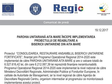Parohia Unitariană Aita Mare începe implementarea proiectului de reabilitare a Bisericii Unitariene din Aita Mare