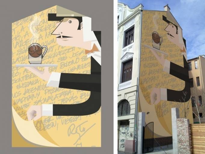 Rejtő Jenő pincére egy budapesti tűzfalon