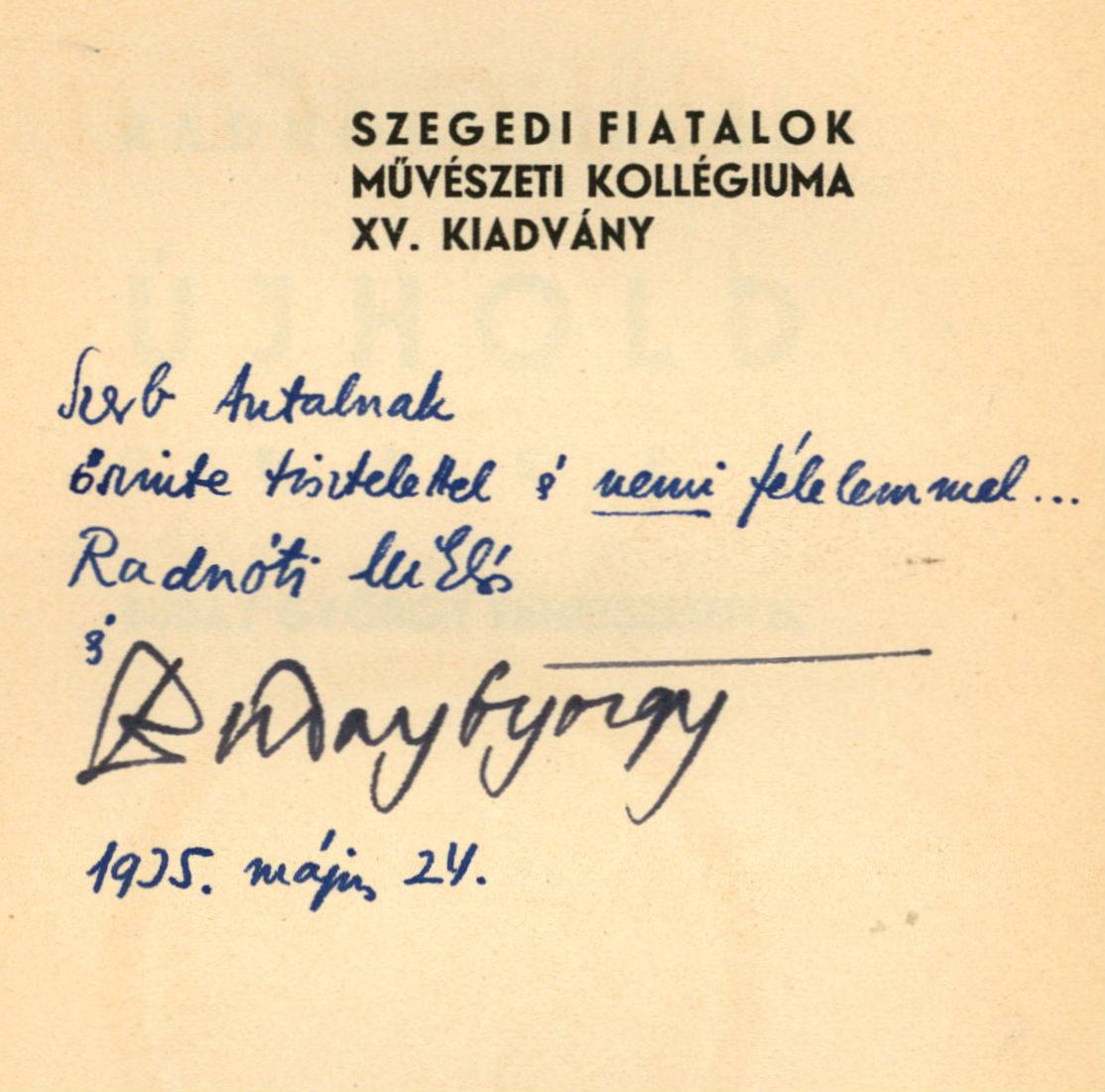 Az értelmezhető, Szerb Antalnak írt dedikáció •  Fotó: Litera.hu