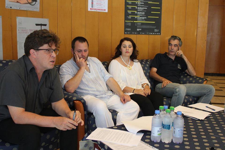 Balázs Attila, Bessenyei Gedő István, Czvikker Katalin és Nagy Pál a sajtótájékoztatón •  Fotó: Facebook/Harag György Társulat