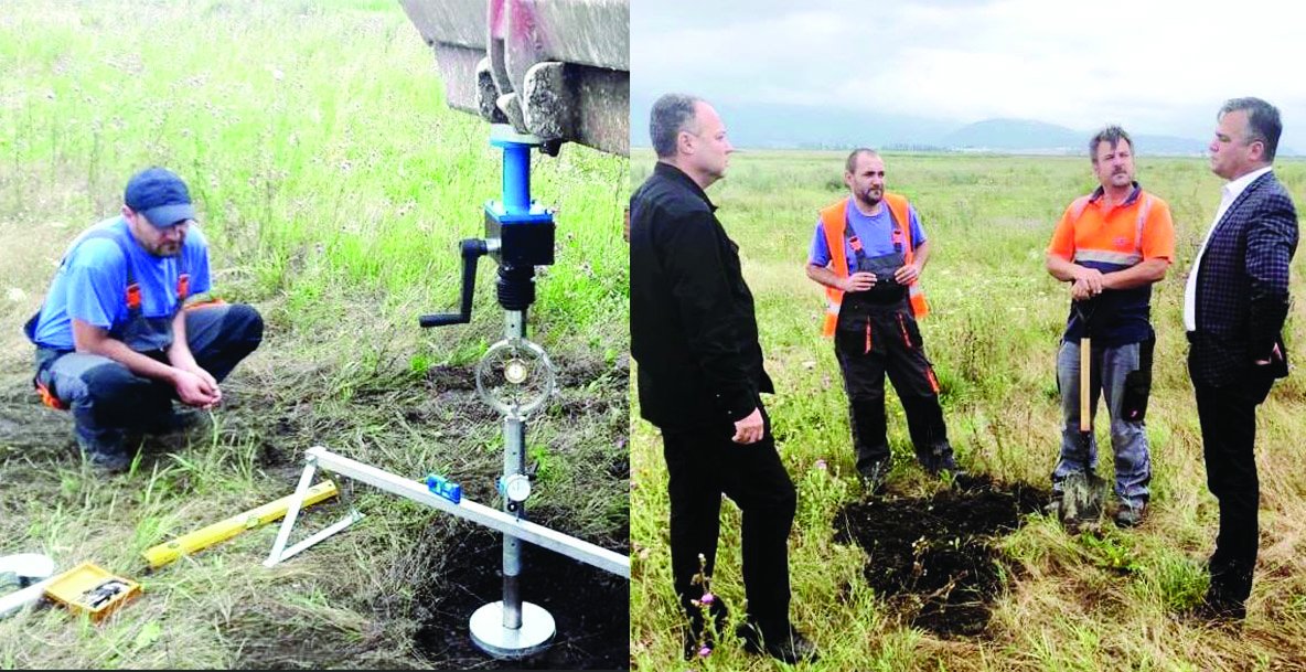 Terepszemlén. Adrian Veştea, a Brassó megyei közgyűlés elnöke (jobbra) is megtekintette a reptérépítés újrakezdett munkálatait &bullet;  Fotó: Facebook/Adrian Vestea