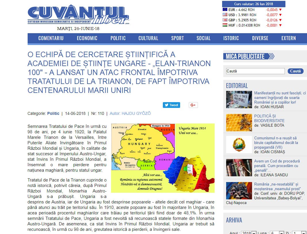 Hajdu Győző halála évében is termelte a magyarellenes cikkeket •  Fotó: Cuvântul Liber/képernyőkép