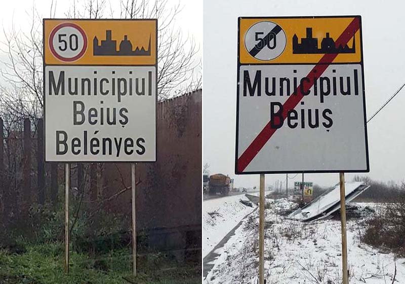 Volt, nincs. Fehér festék takarja a magyar településnevet •  Fotó: Ebihoreanul.ro