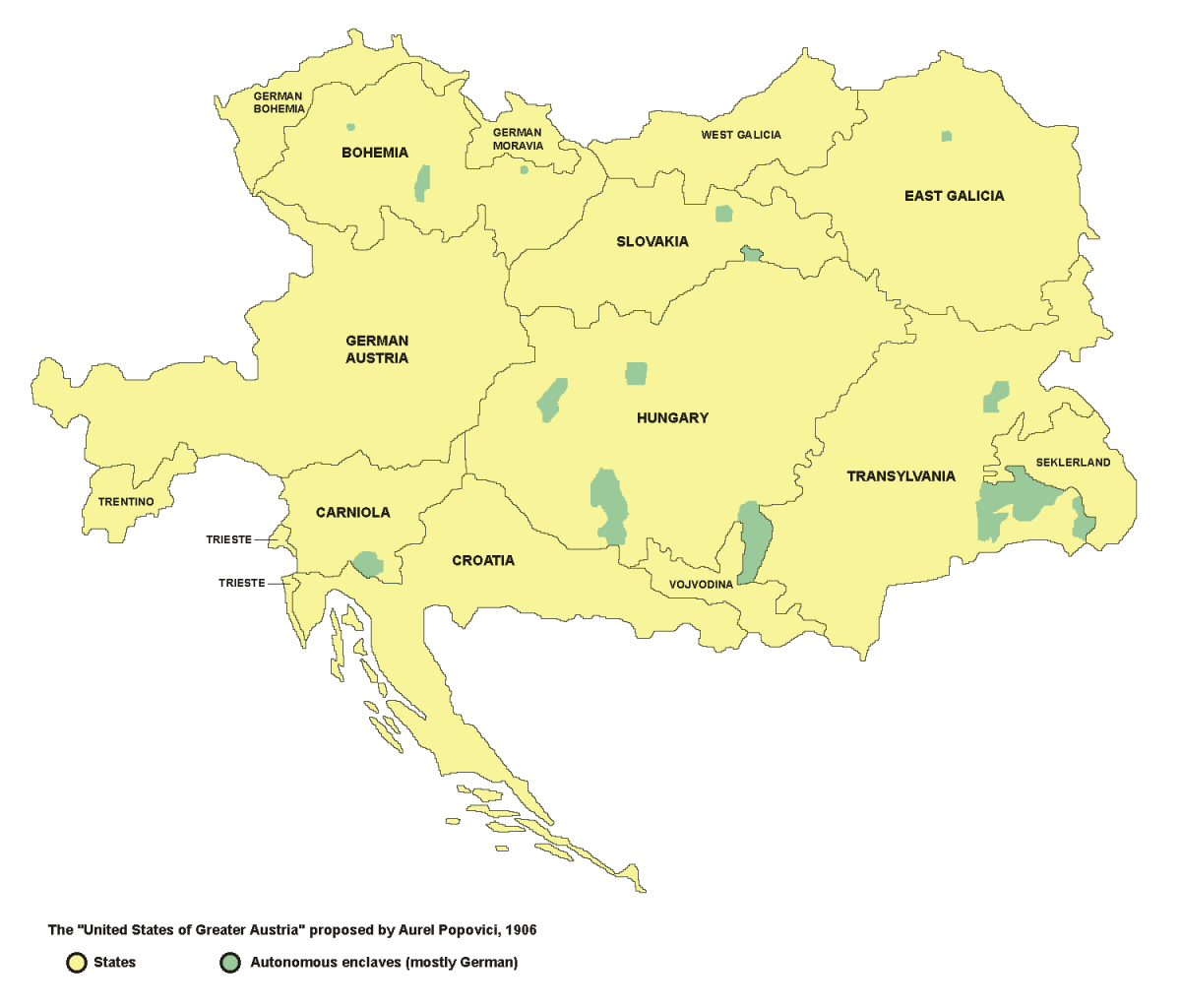 Aurel Popovici föderációs terve (1906): Nagy-ausztriai Egyesült Államok (Vereinigte Staaten von Groß-Österreich) 