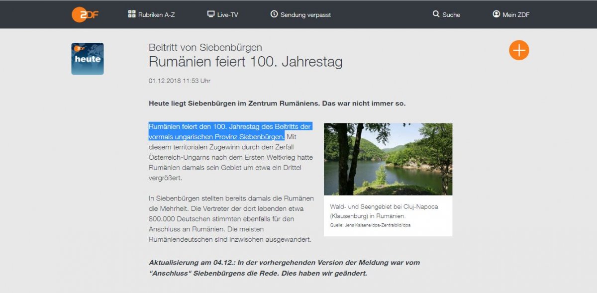 A ZDF honlapján kedden átírták a románok által nehezményezett szöveget