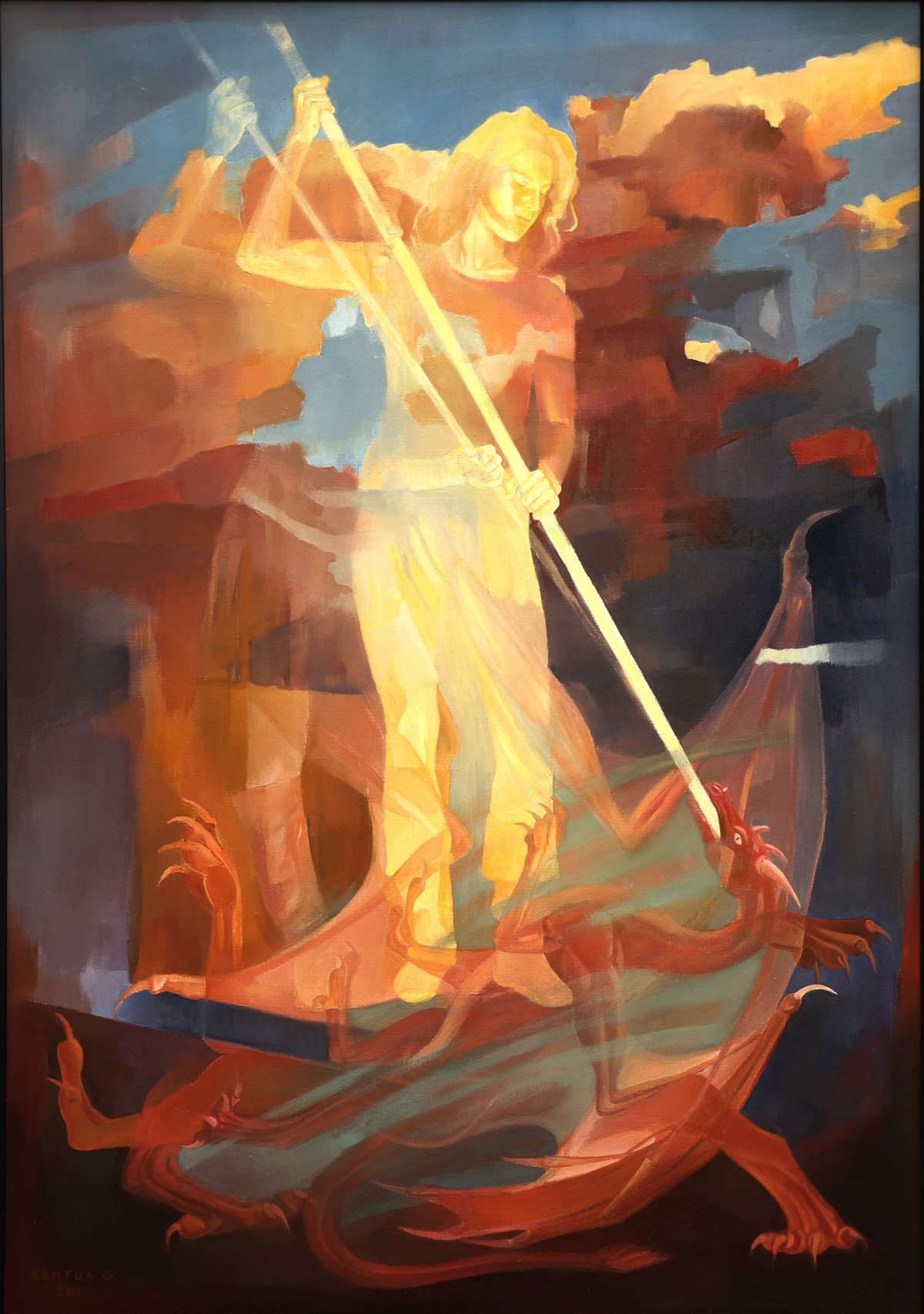 Apokalypsis - Mihály legyőzi a sárkányt, olaj, vászon, 100 x 70 cm, 2019 