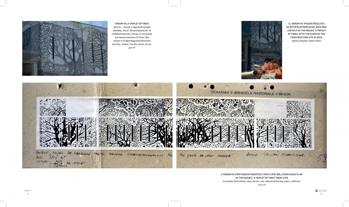 A mozaikról szóló oldalpár reprodukciója a Jovián György (szerk. Zuh Deodáth. Budapest: Faur Zsófi Galéria és Könyvkiadó, 2020) című albumban, lent a megvételi terv kicsinyített fotómásolata, melyet a Román Állami Levéltár Bihar megyei fiókjában őriznek &bullet;  Fotó: Zuh Deodáth