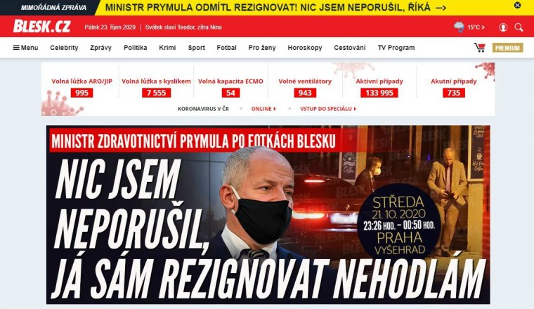 Maszk nélkül látták egy „bezárt” étteremben, távoznia kell a cseh egészségügyi miniszternek