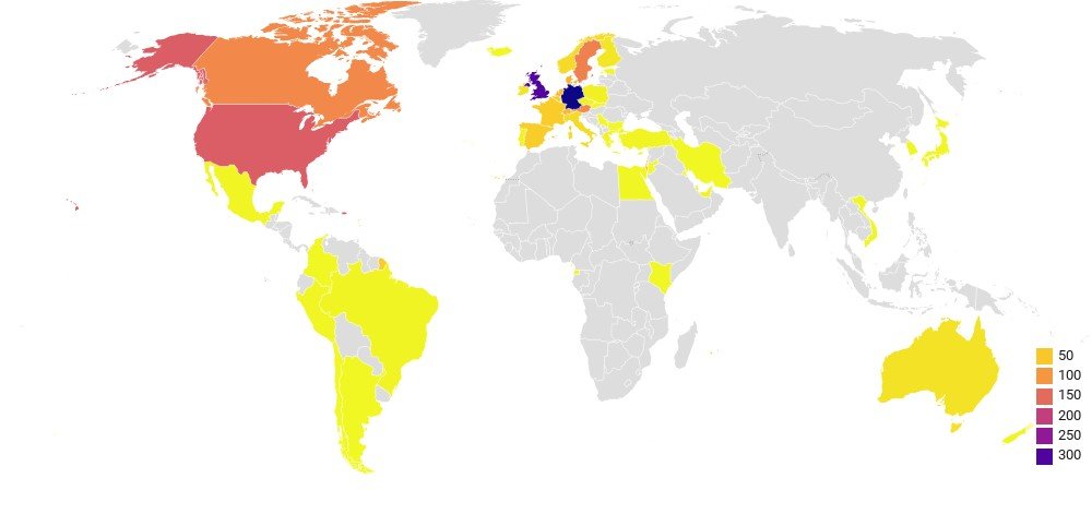Kitöltött kérdőívek eloszlása államok szerint. A világ számos pontján élő, összesen csaknem 1800 erdélyi magyar válaszolt a kérdésekre &bullet;  Fotó: Bálványos Intézet