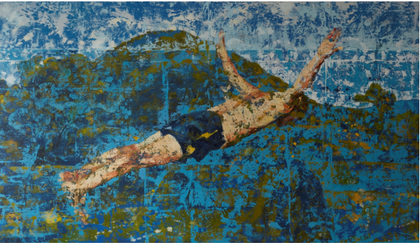 Zoltán Béla: „A Call of the Void című festményen megörökítettem, magamat ábrázolva,amint éppen a kereszthegyi tájba ugrom bele” •  Fotó: Facebook/Zoltán Béla