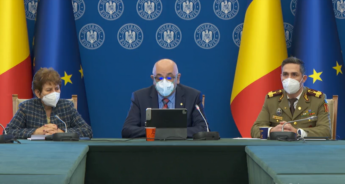 Adriana Pistol, Raed Arafat és Valeriu Gheorghiță ismerteti a járványintézkedéseket •  Fotó: Videófelvétel