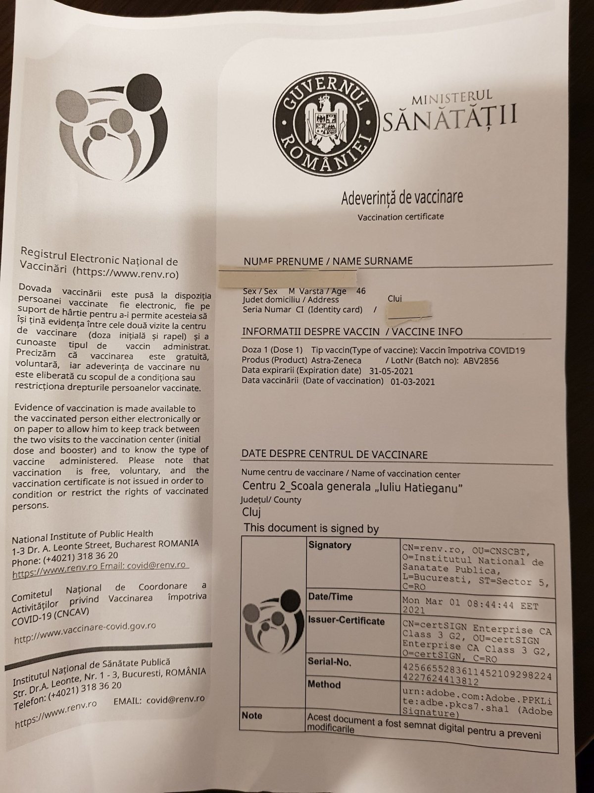 Oltási igazolás, miszerint az AstraZeneca ABV2856 jelzésű oltóanyagával immunizáltak Kolozsváron is •  Fotó: Krónika