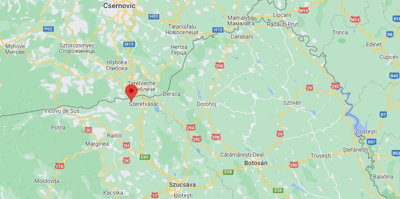 Musenița pirossal megjelölt helye a térképen, a román–ukrán határ mentén •  Fotó: Képernyőmentés