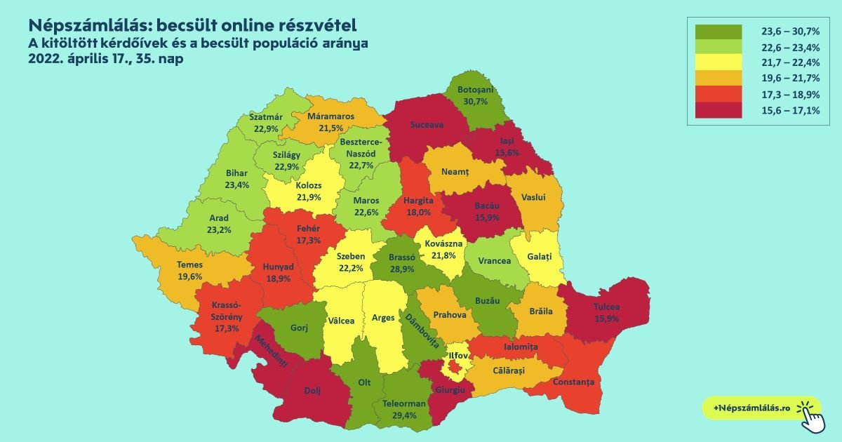 KIzöldült a Partium, vörös maradt Hargita megye a legújabb részvételi adatok szerint •  Fotó: Népszámlálás.ro