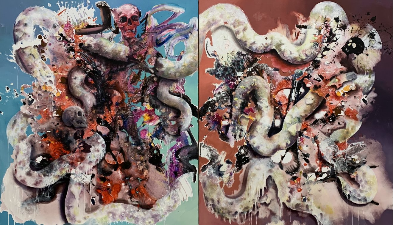 Laocoon szoborcsoport után (diptikon), 240 x 140 cm, olaj, vászon, 2021 