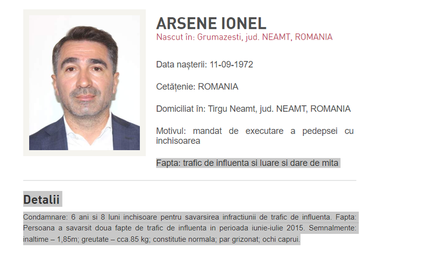 Ionel Arsene volt Neamț megyei tanácselnököt jelenleg körözi a román rendőrség •  Fotó: Román rendőrség