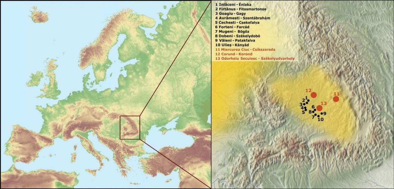 Európa és Románia erdélyi részének térképe, amelyen a DNS-minták gyűjtésének helyszínéül szolgáló székely falvak láthatók (fekete színnel jelölve).
A citromsárga háttér a magyar nyelvű népesség, köztük a székelyek, települési területeit jelöli.
A piros narancssárga körök jelzik a korábban gyűjtött és publikált székely adatsorok mintagyűjtési helyeit és Székelyudvarhelyet •  Fotó: Elkh.org
