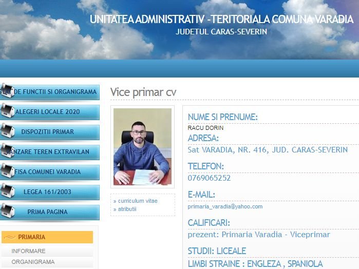 Az alpolgármester adatlapja Varadia község polgármesteri hivatalának internetes oldalán •  Fotó: Primariavaradiacs.ro