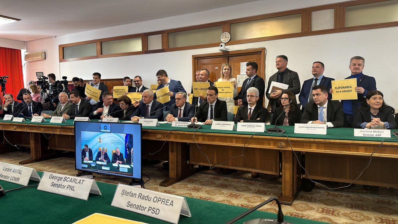 Parlamenti meghallgatás AUR-tiltakozással „színezve” •  Fotó: Facebook/AUR