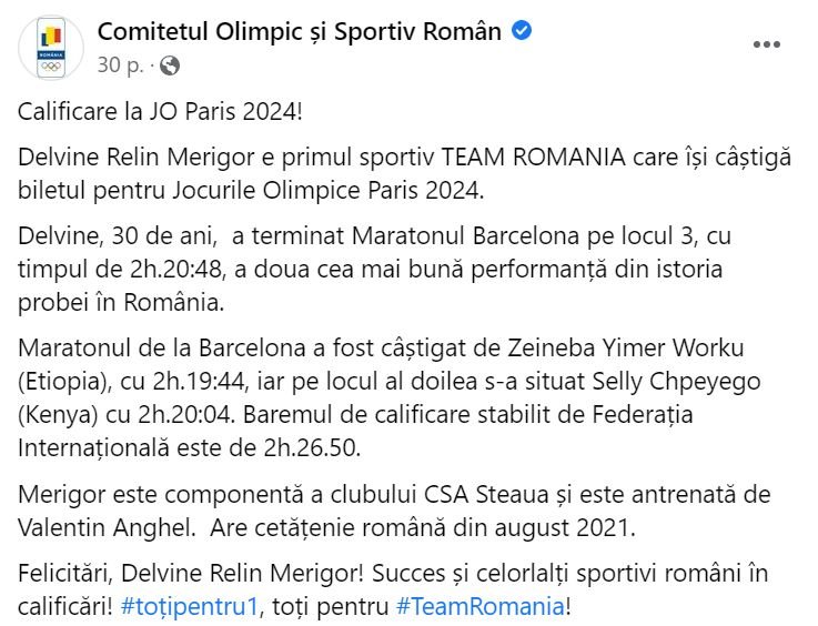 A COSR Facebook-bejegyzésének szövegében Merigorként emlegetik Meringort •  Fotó: Facebook/Comitetul Olimpic și Sportiv Român