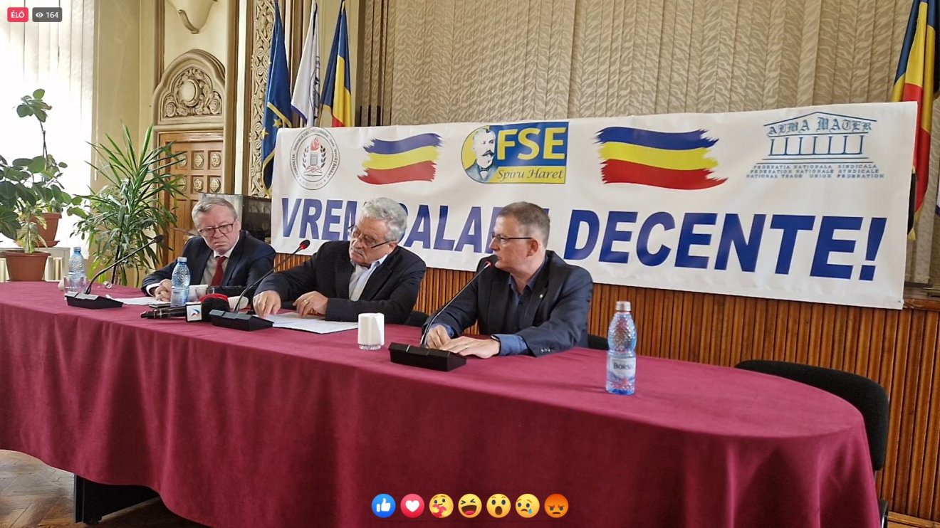 Anton Hadăr, Simion Hăncescu és Marius Nistor szakszervezeti vezetők a keddi sajtótájékoztatón •  Fotó: Videófelvétel