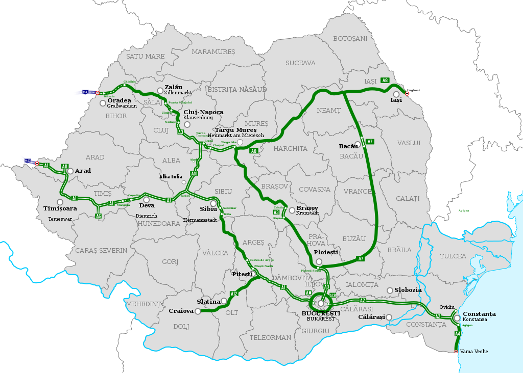 Csíkozott zölddel a meglévő, sötétzölddel a tervezett autópályák •  Fotó: Wikipédia