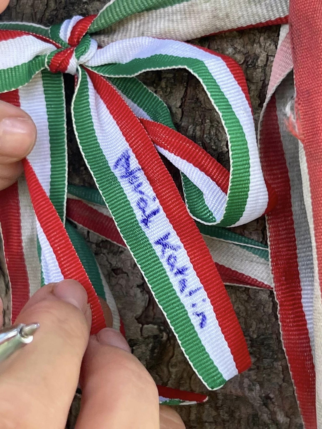 ... egy szignózott piros-fehér-zöld szalagot hagyott hátra emlékül. •  Fotó: Facebook/Novák Katalin