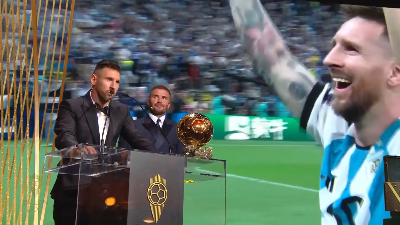 Az argentin klasszisnak David Beckham adta át a trófeát, közben meccsjeleneteket vetítettek Messi varázslatairól •  Fotó: Videófelvétel
