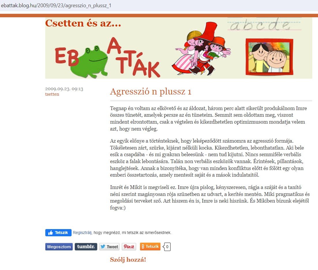 Parászka Boróka korabeli blogbejegyzése a 2009-ben történt agresszióról •  Fotó: Ebattakblog