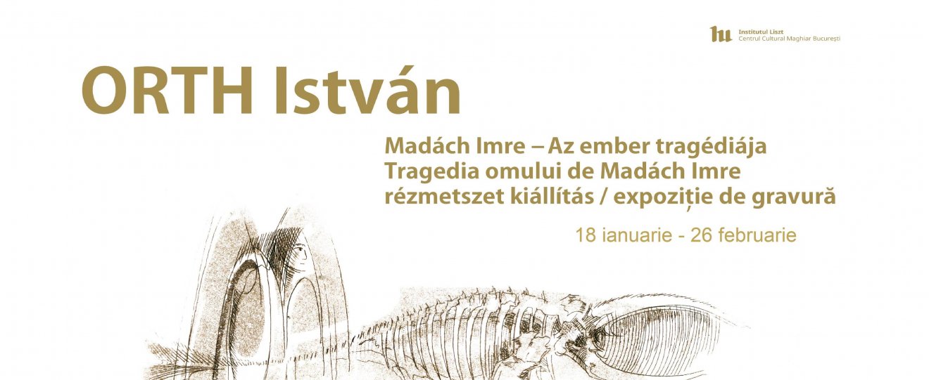 Orth István Az ember tragédiájához készült grafikájának részlete látható a kiállítás plakátján •  Fotó: Liszt Intézet Bukarest