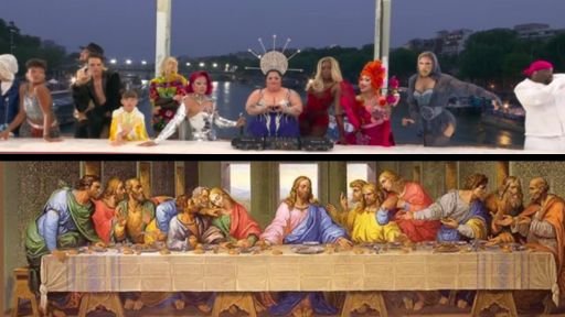 A párizsi olimpia megyitójának egyik botrányos jelenete, alatta  Leonardo da Vinci Az utolsó vacsora című festmény. A magyarázkodás ellenére jól látható a kereszténységet gyalázó szándék •  Fotó: CitizenGO