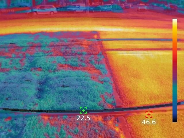 A városháza által közreadott hőtérkép, amely szerint a varjúhájjal borított részen több mint 20Celsius-fokkal alacsonyabb a nappali hőmérséklet, mint a járdasziget kőburkolatán •  Fotó: Aradi Polgármesteri Hivatal