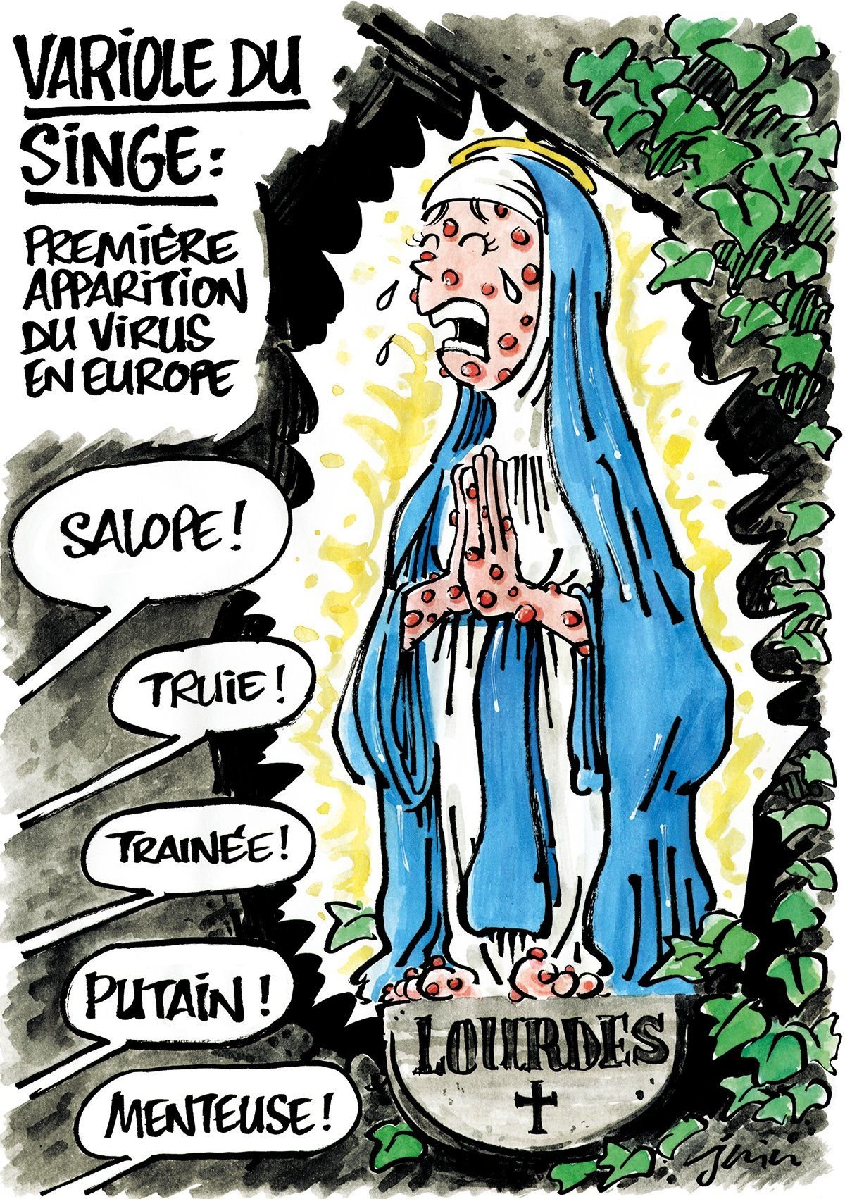 A Szűz Máriát majomhimlővel ábrázoló gúnyrajz sérti a keresztény közösségeket •  Fotó: X/Charlie Hebdo