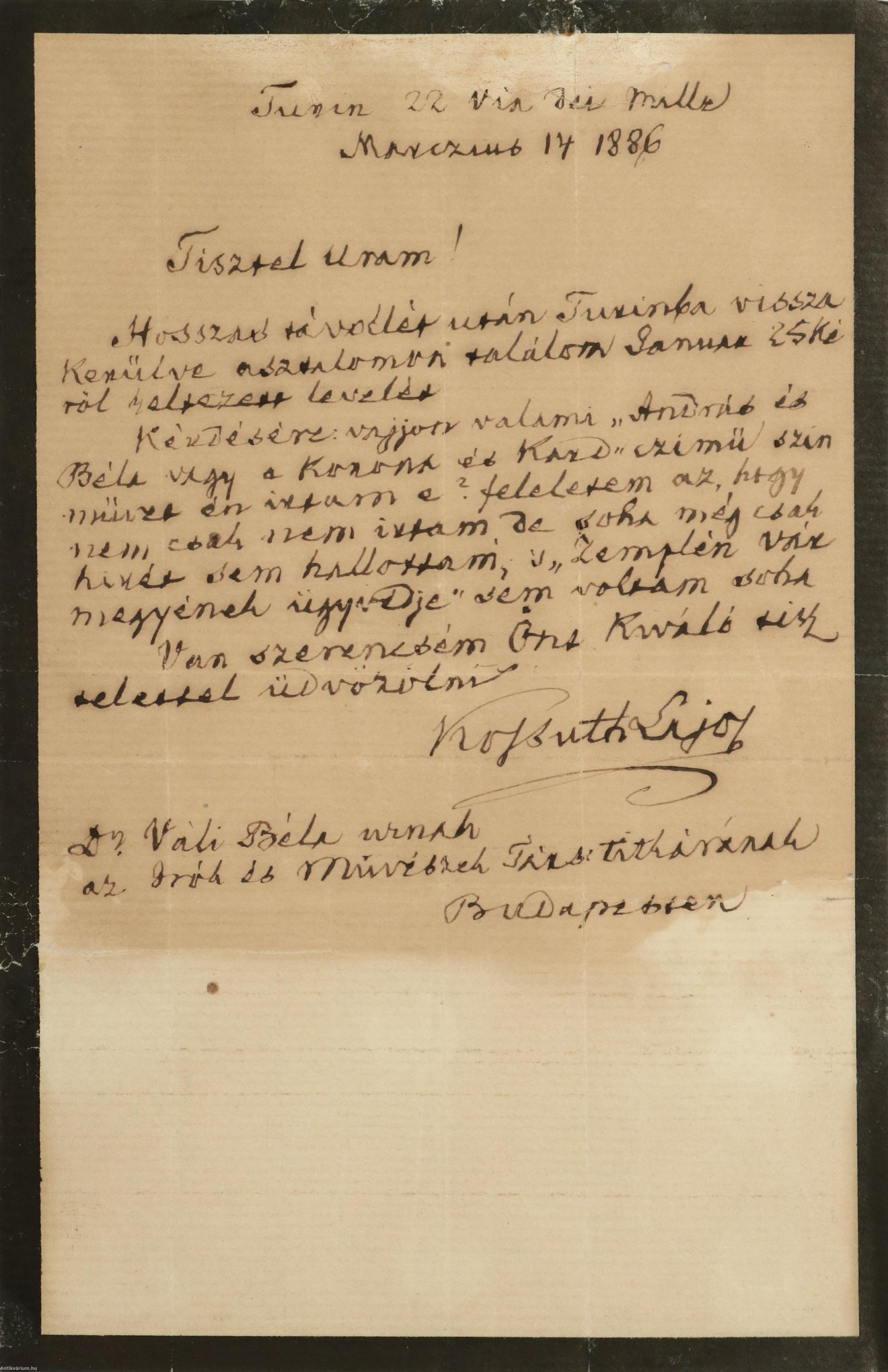 Kossuth Lajos 1886-ban írt levelét is elárverezték •  Fotó: Antikvárium.hu