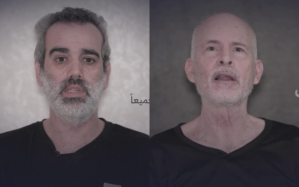 Omri Miran és Keith Siegal a Hamász által közzétett videófelvételen •  Fotó: Videófelvétel/Timesofisrael