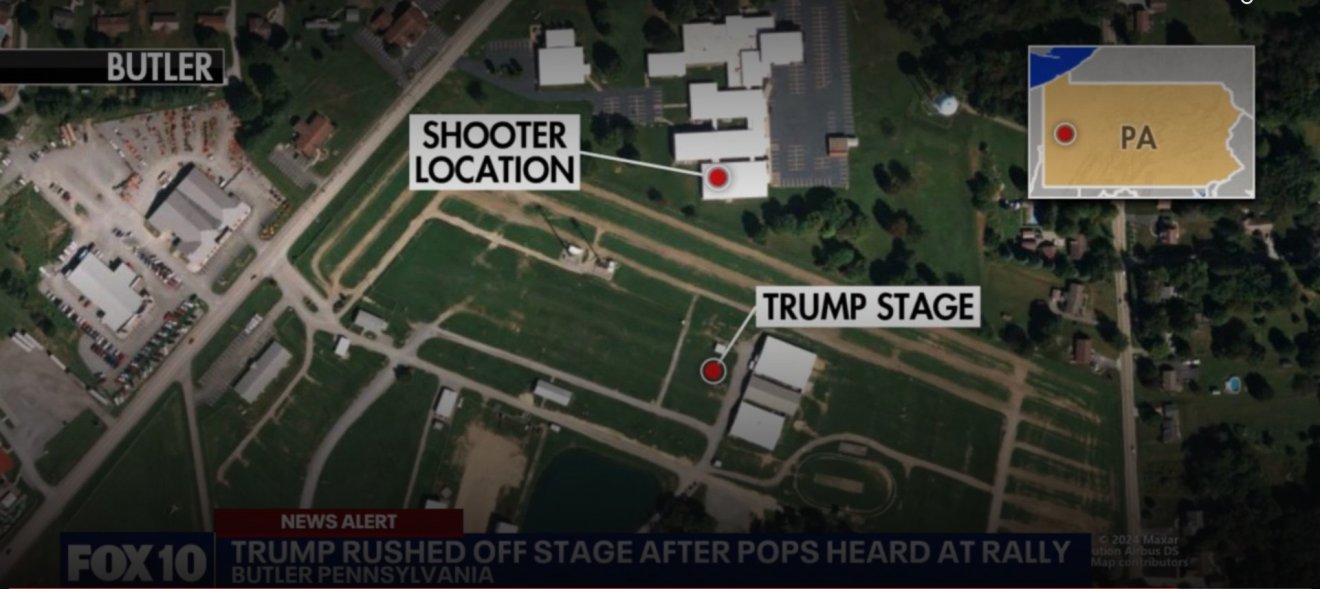 Egy merényletkísérlet anatómiája. Az elkövető Trump tartózkodási helyétől mintegy 130 méterre, egy épület tetejéről nyitott tüzet •  Fotó: Videófelvétel/FOX News
