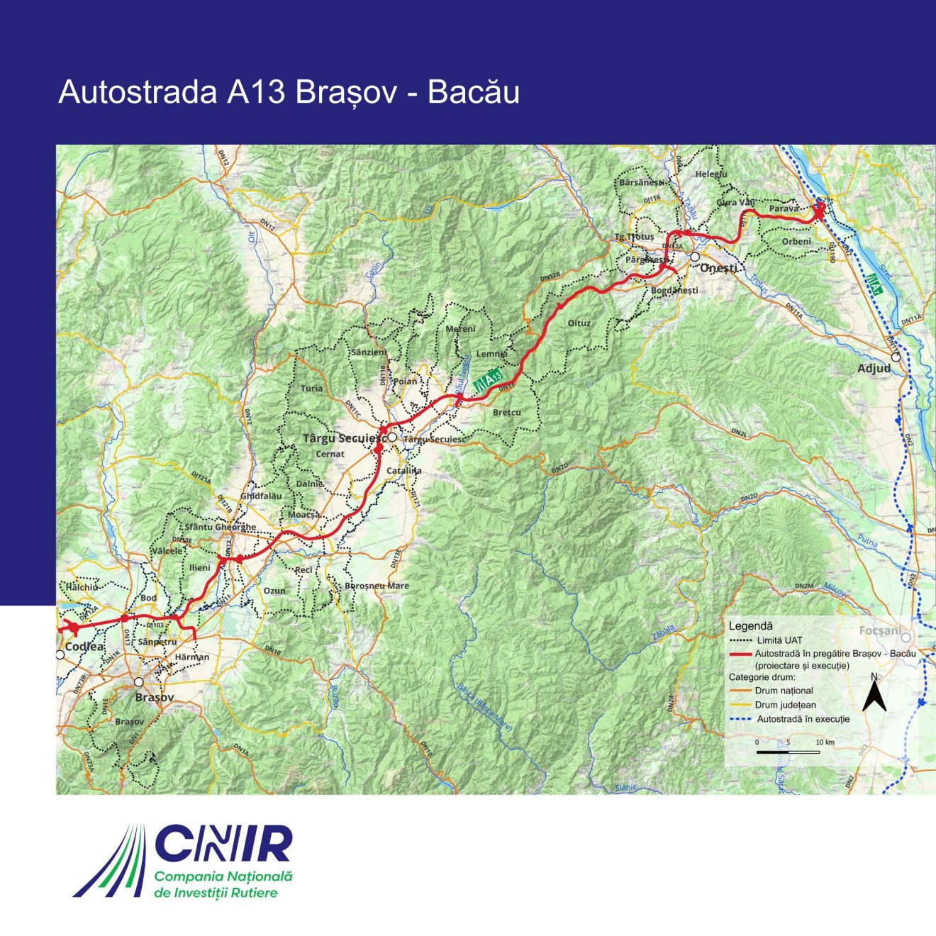A Székelyföldet is érintő A13-as nyomvonala