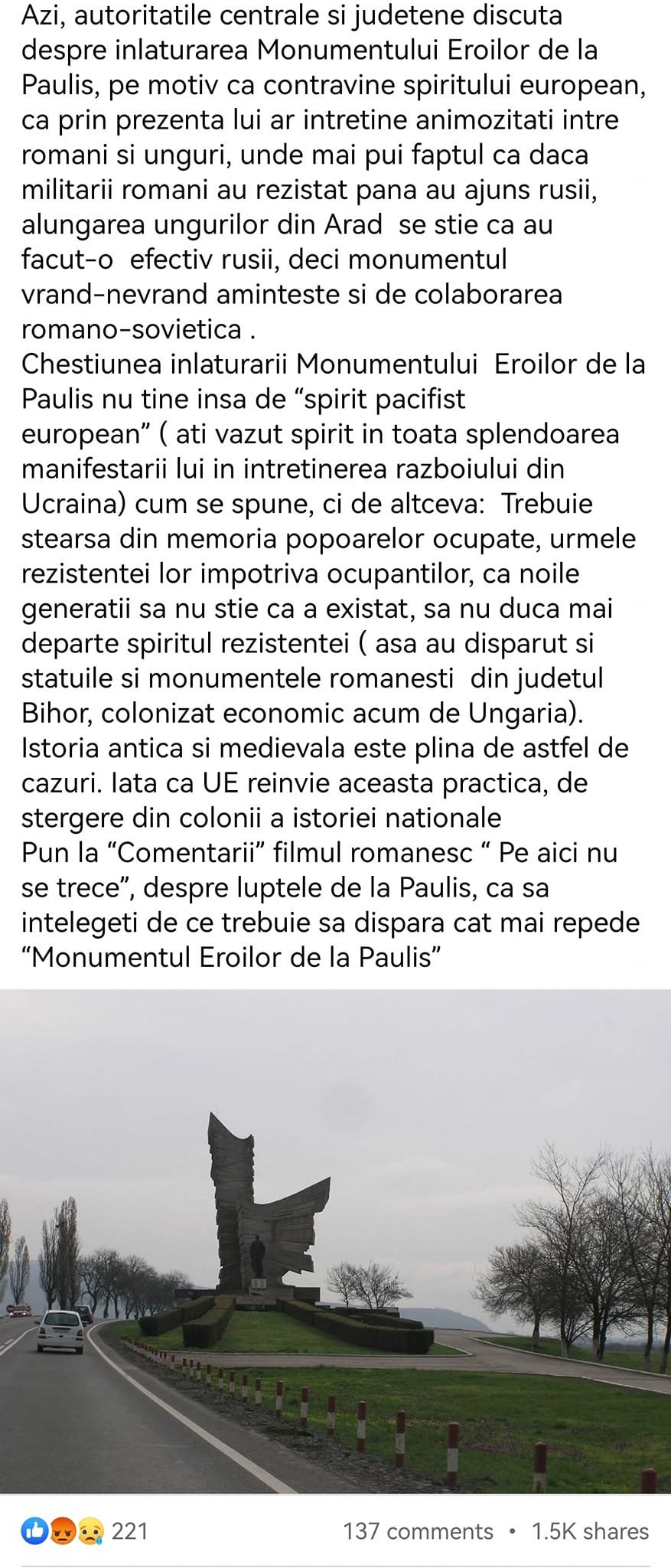 Képernyőmentés az álprofil által terjesztett hamis információról •  Fotó: Arad Megyei Tanács